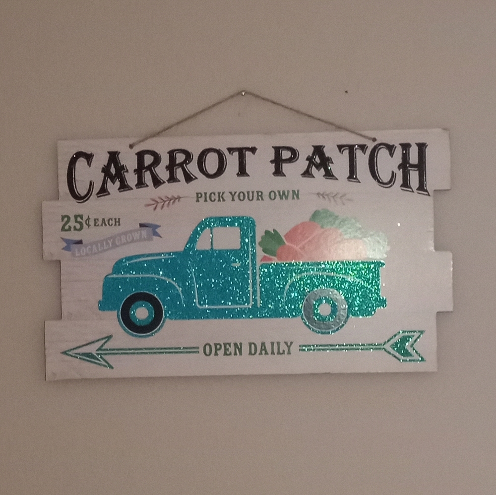 All🐥3/$25🥕Blue Truck "Carrot Patch" Sparkling Wooden Wall Art Decor NWT